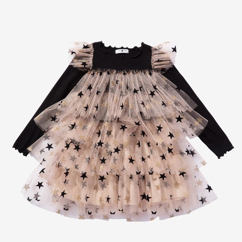 Petite Hailey Layered LS Tutu Black Star; black knit top with nude star-print tulle layers and long sleeves.