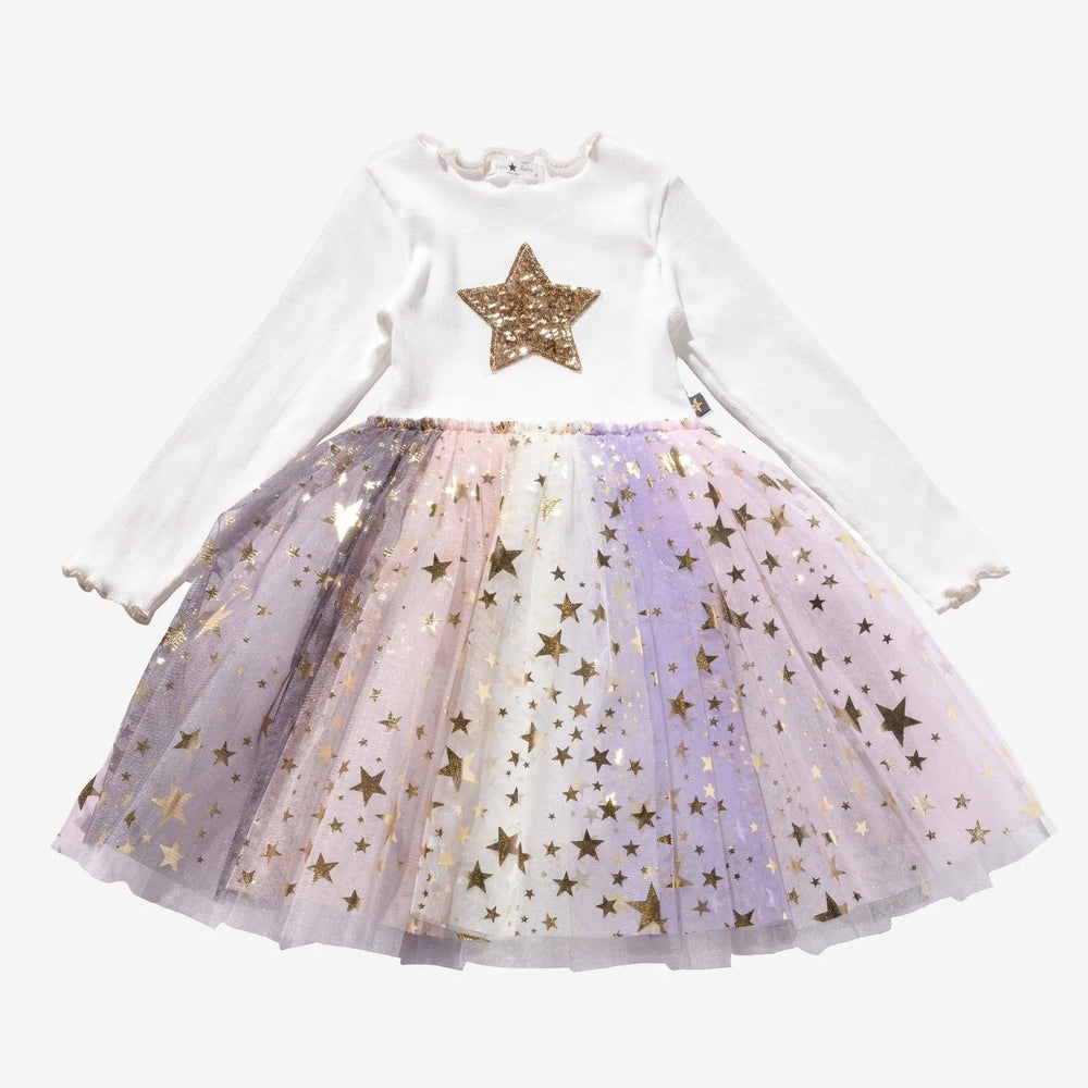 Petite Hailey Multi Cut Ph Tutu white top with gold star and pastel starry tulle skirt swirls.
