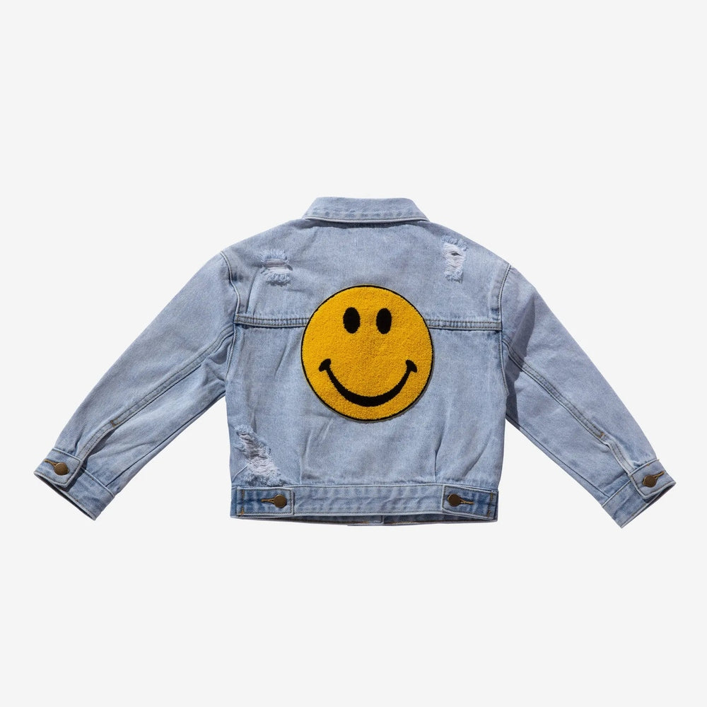 Petite Hailey Patched Denim Jacket Yellow Smile patch on back, light blue distressed denim.