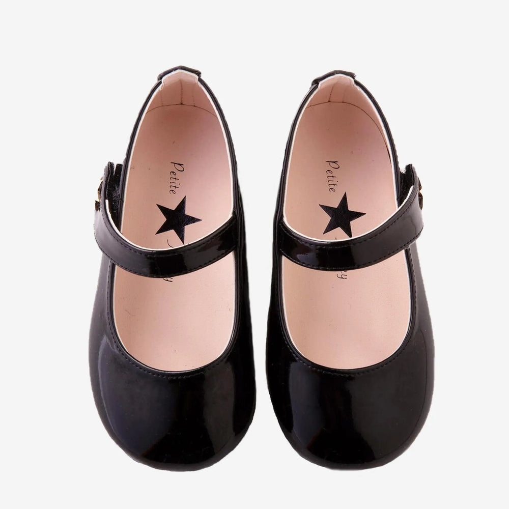 Petite Hailey Patent Mary Jane Shoes Black, glossy patent finish; pair shown with adjustable strap across the top.