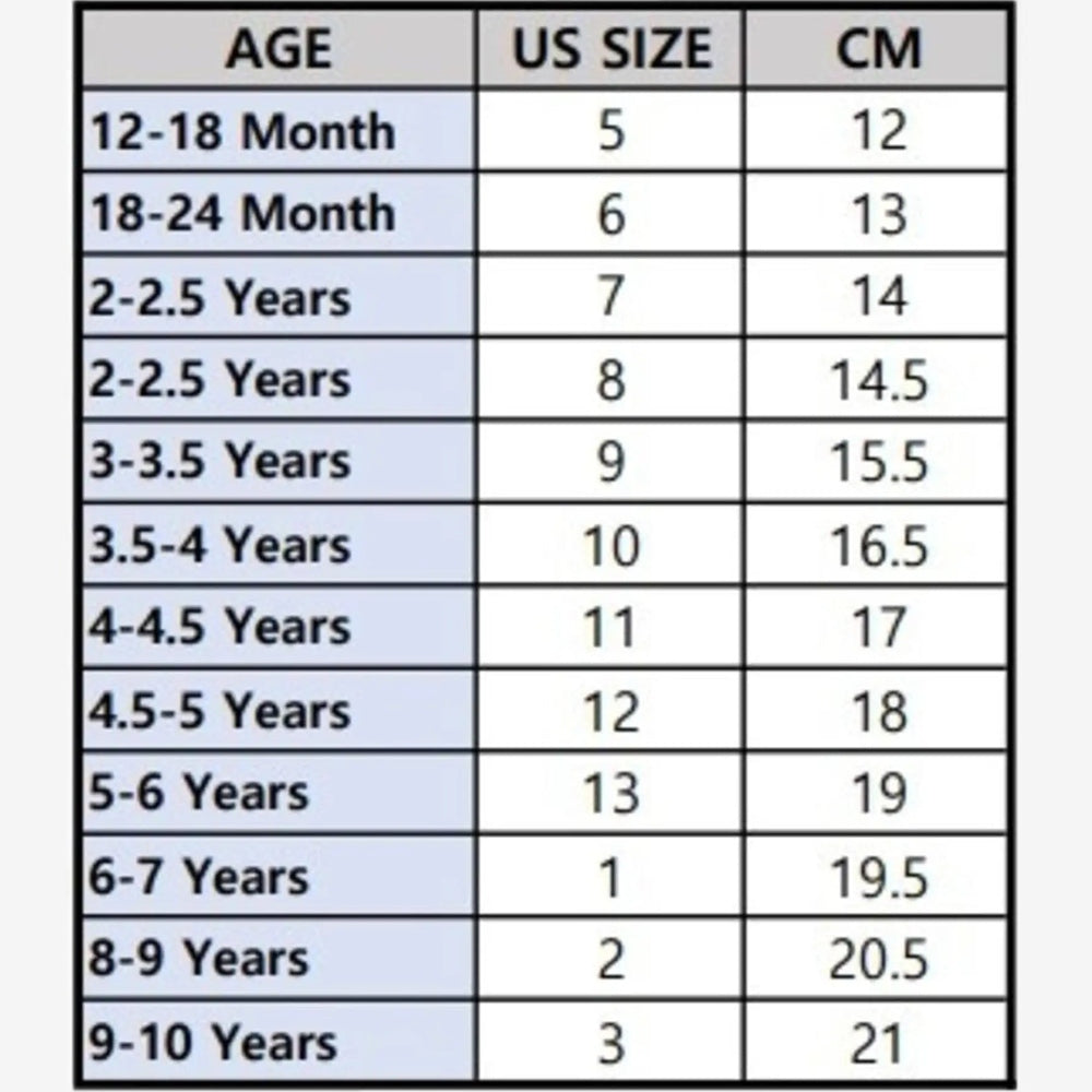 Petite Hailey Patent Maryjane Shoes White—age vs US size chart with blue-highlighted rows, PETITE HAILEY.