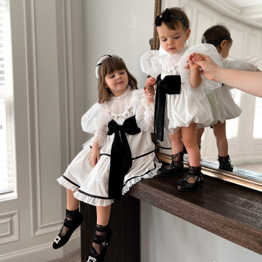 Petite Maison Kids Aurora Ivory Velour Dress With Tulle Puff Sleeves