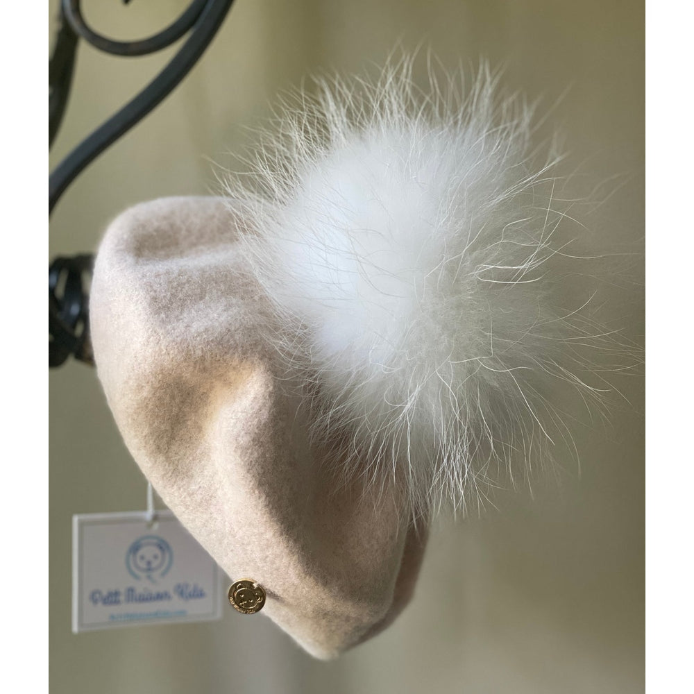 Petite Maison Kids cream wool beret with fluffy white pom-pom