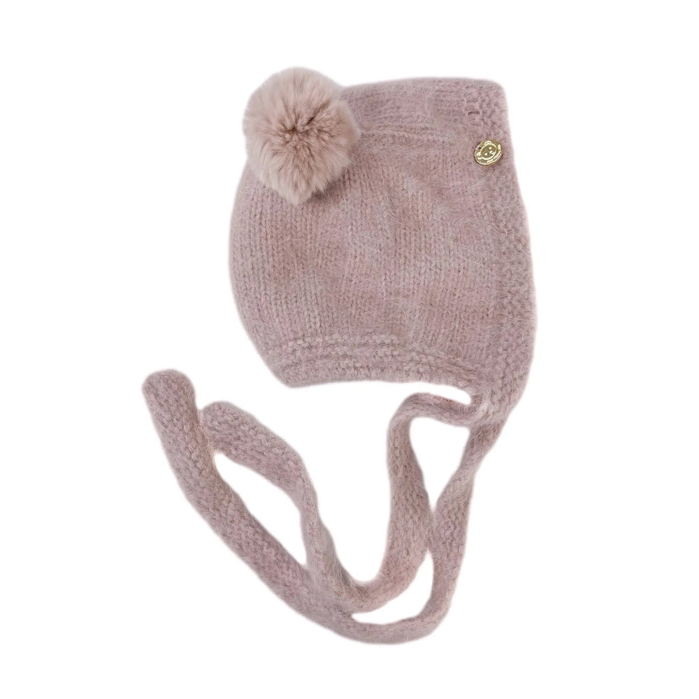 Petite Maison Kids dusty pink cashmere teddy hat with pom-pom and long knit ties, showing soft textured knit