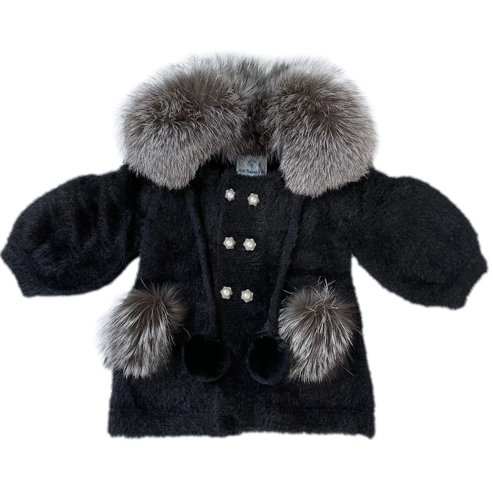 Petite Maison Kids Milana Noir Sweater Coat, black knit with gray fur collar and cuffs, pearl-button front.