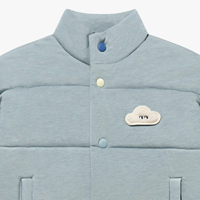 PETITE REVERY baby slate blue quilted jacket with cloud patch and pastel buttons