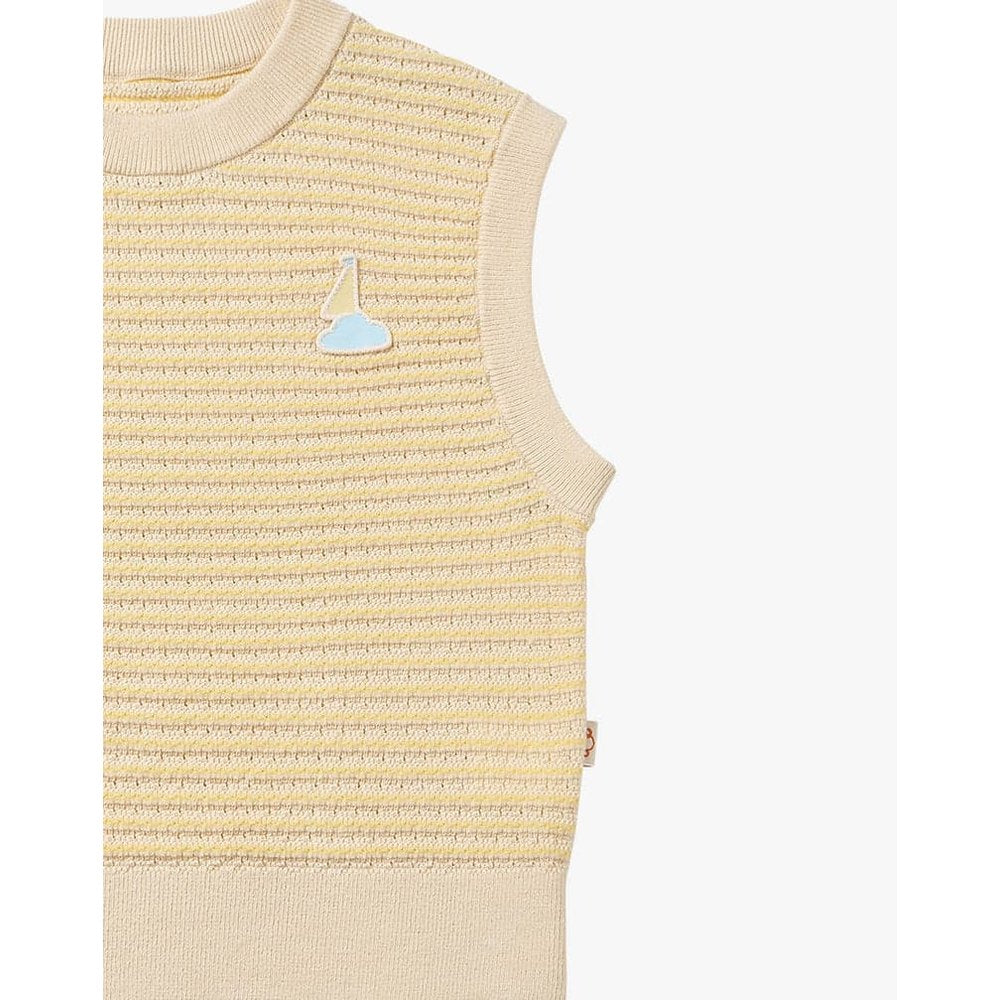 Petite Revery Cotton Knit Sleeveless Vest Mellow Yellow with a sailboat patch on striped knit fabric.