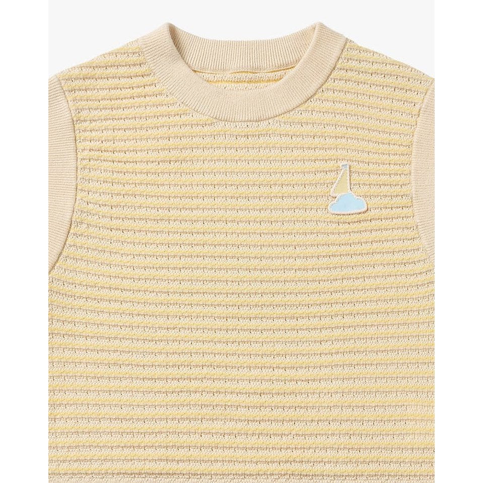 Petite Revery Cotton Knit Sleeveless Vest Mellow Yellow, laid flat to show striped knit texture and small sailboat patch.