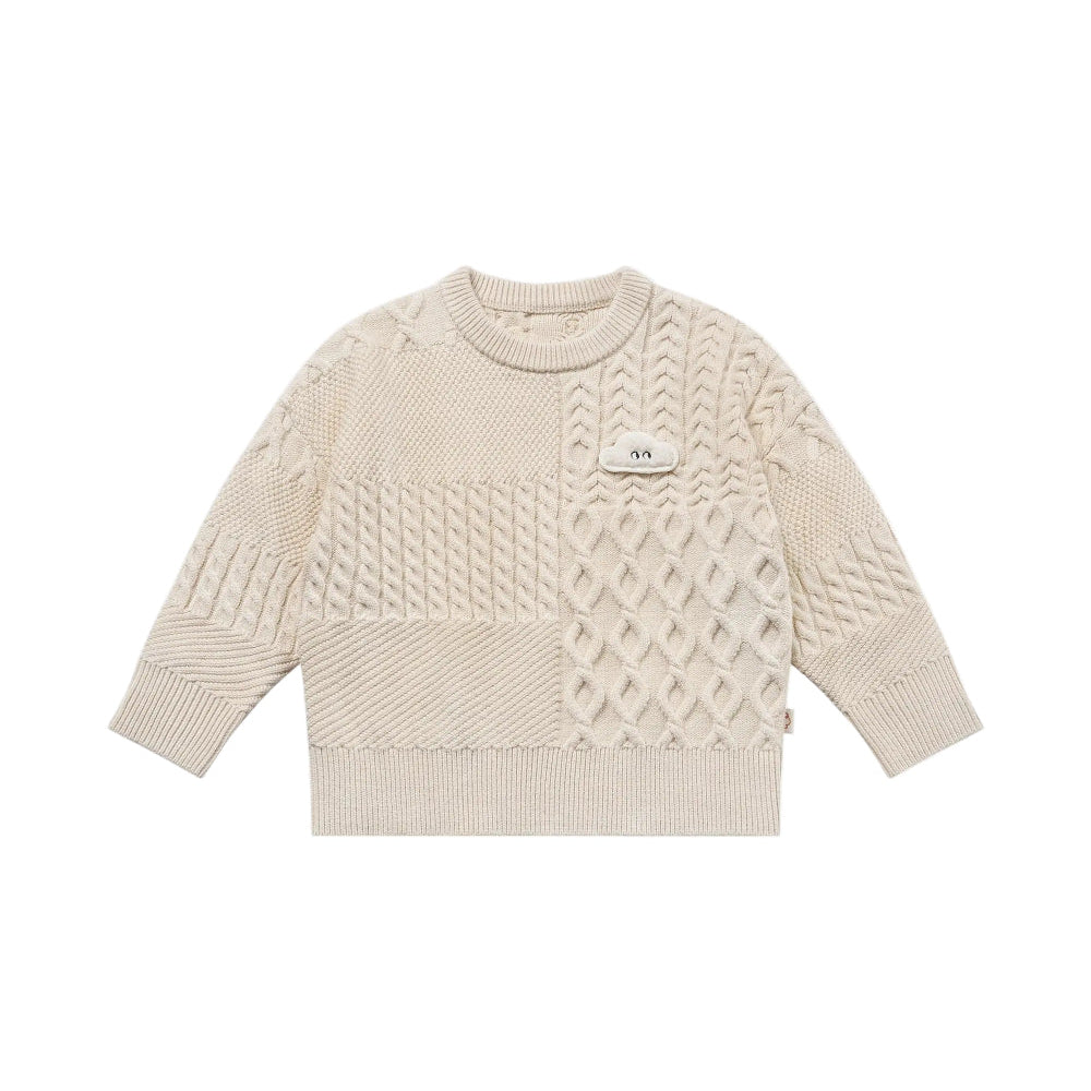 Petite Revery cotton knit sweater beige with cloud patch for baby