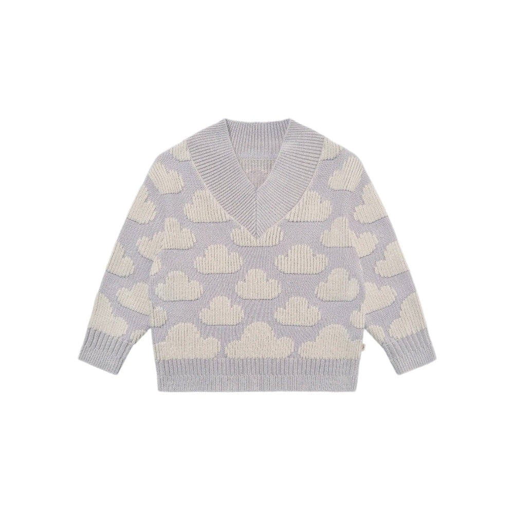 PETITE REVERY cotton knit sweater in lilac with cream cloud pattern, toddler top