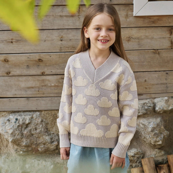 Petite Revery cotton knit sweater Lilac Blush featuring cream cloud pattern for toddlers