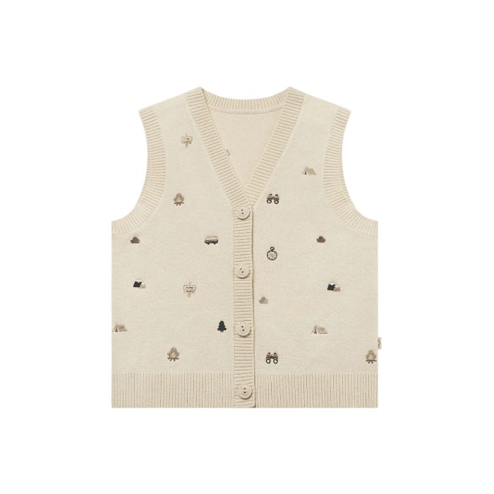 Petite Revery cotton knit vest in cream with tiny camper and tree embroidery