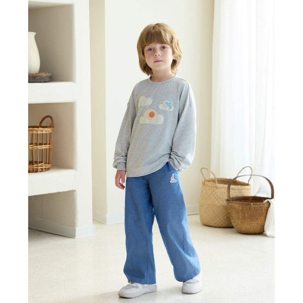 Petite Revery sky blue denim jeans for toddlers; light blue, relaxed-fit denim pants