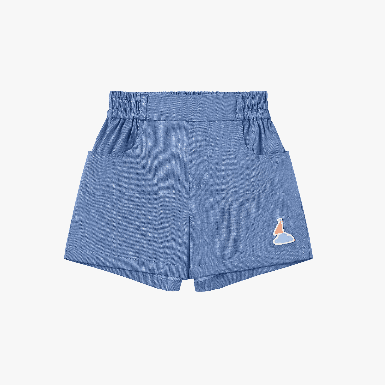 Petite Revery sky blue denim shorts for babies with elastic waistband and small logo patch