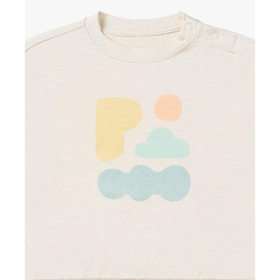 Petite Revery French Terry Drop Shoulder Long Sleeve Sweatshirt cream with pastel abstract print, laid flat.