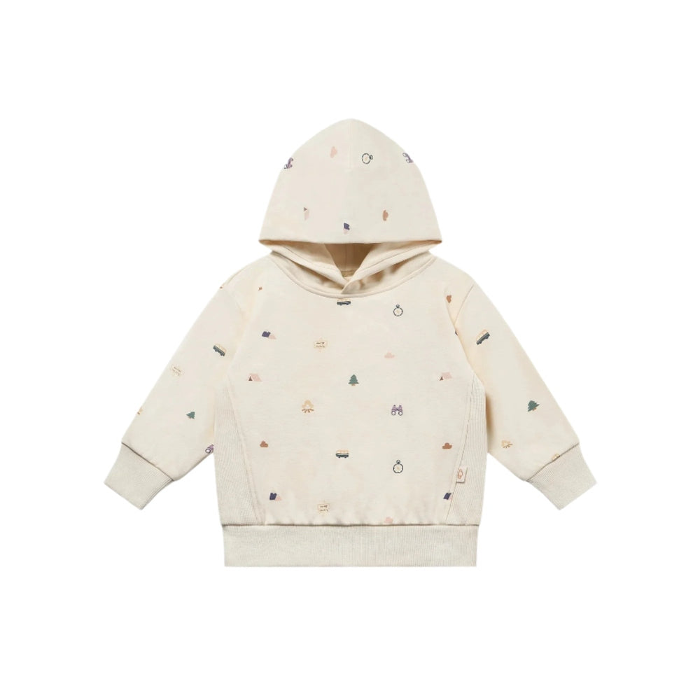 Petite Revery cream hooded sweatshirt in French terry with tiny camping motifs for babies