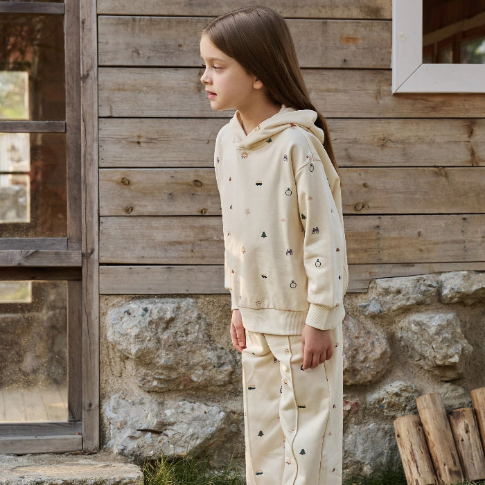 Petite Revery cream French Terry hoodie and jogger set with tiny prints, two-piece toddler outfit