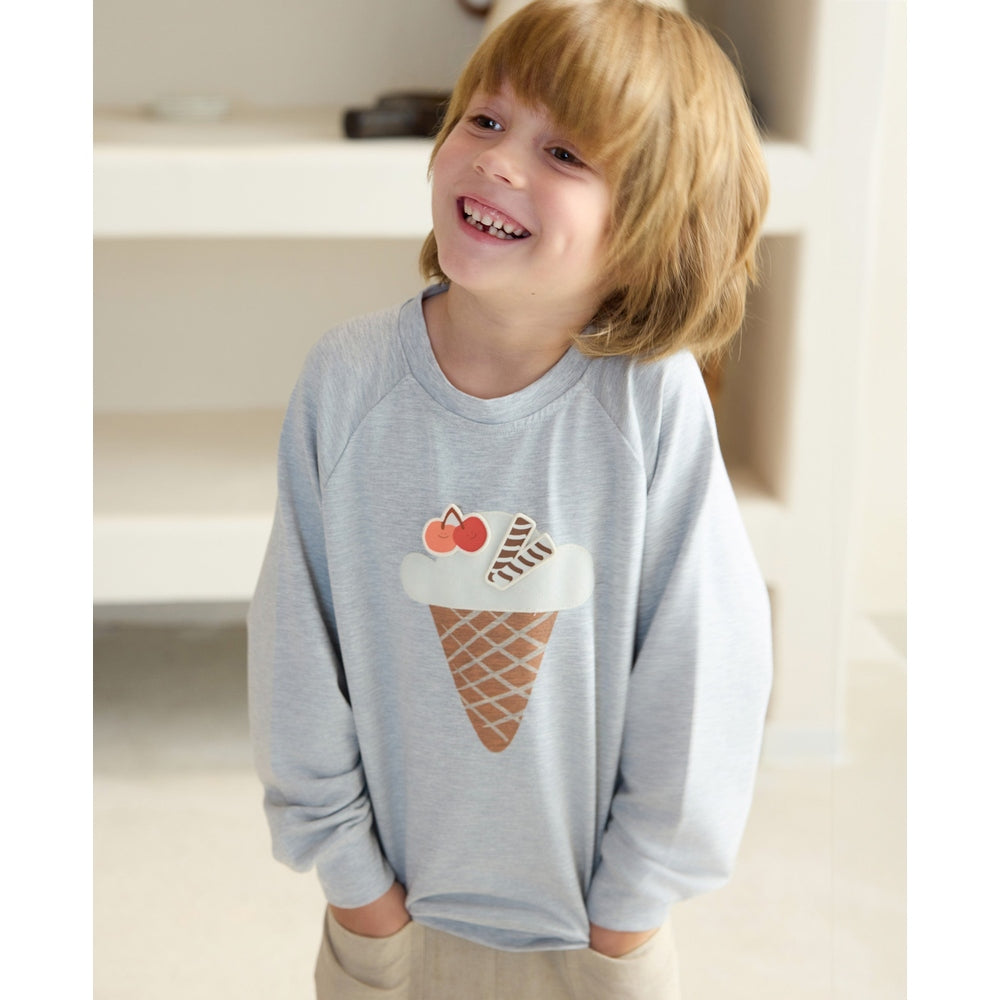 PETITE REVERY fog grey raglan long-sleeve sweatshirt with ice cream cone graphic for babies and toddlers