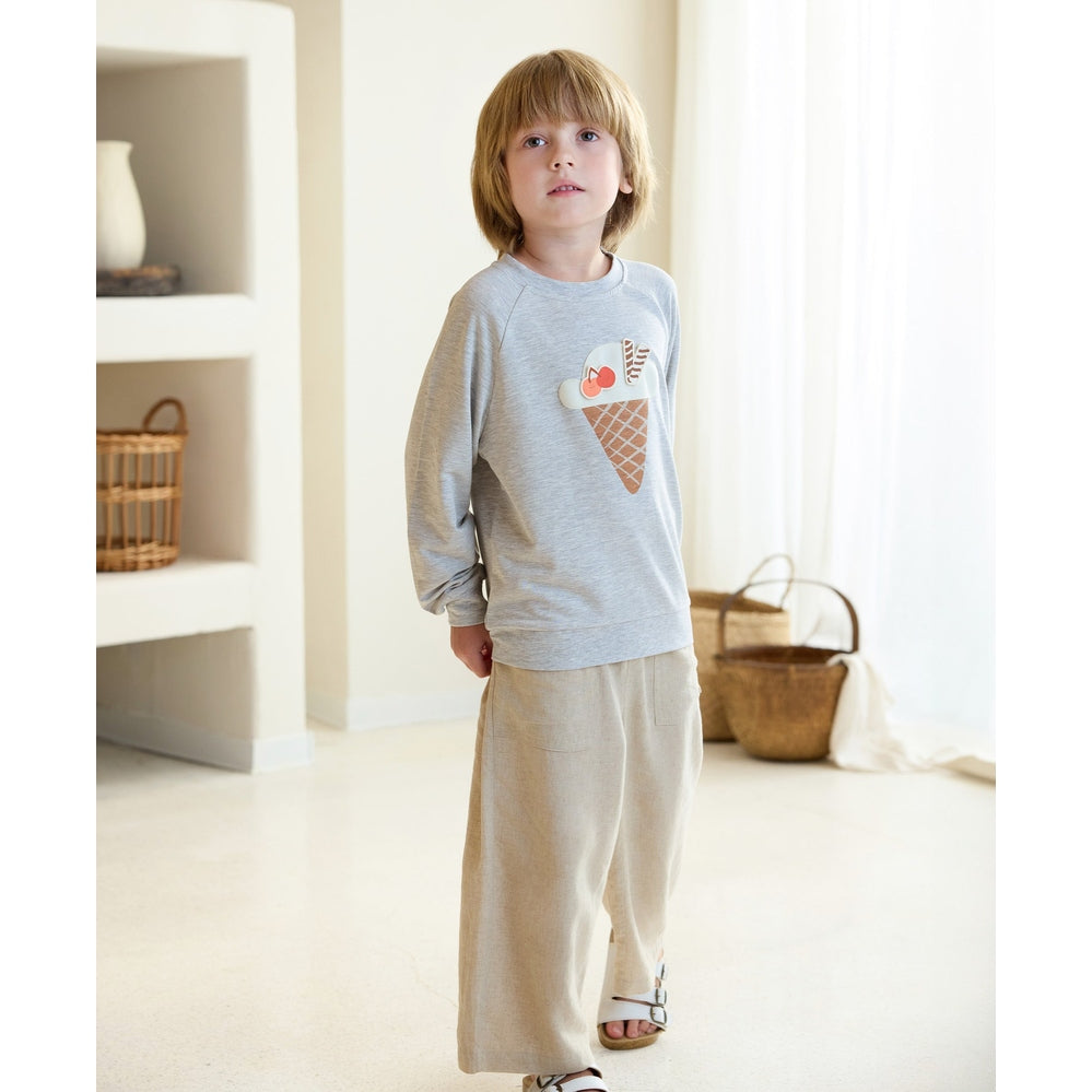 Petite Revery fog grey raglan long-sleeve sweatshirt with ice cream cone graphic for toddlers