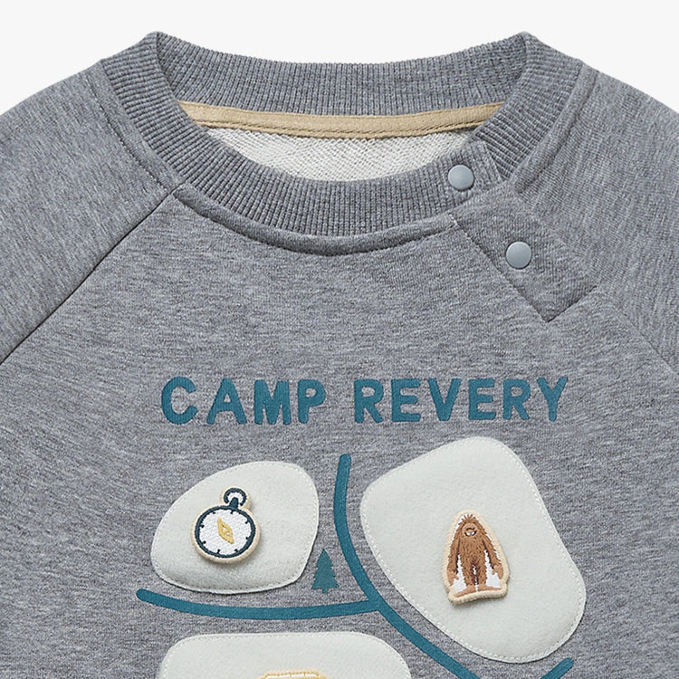 Petite Revery slate gray French terry raglan sweatshirt with park patches.