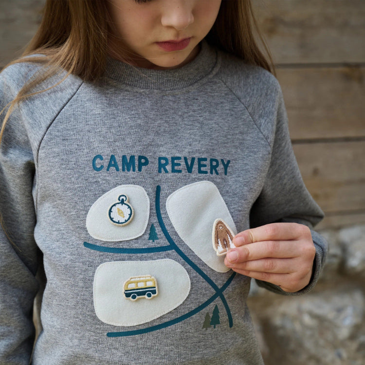 Petite Revery slate gray raglan sweatshirt for toddlers with camping patch appliques
