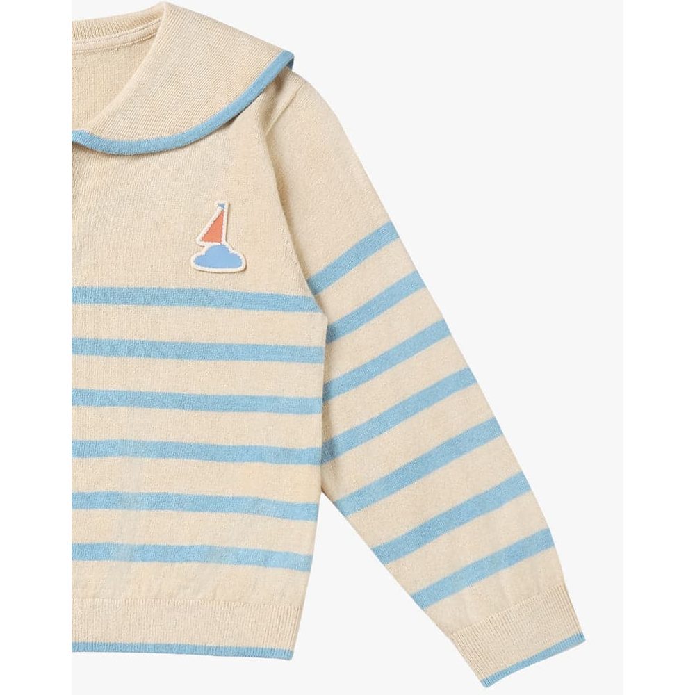 Petite Revery Knit Sweater Seastripes, beige knit with blue stripes; sailboat patch sewn on chest.