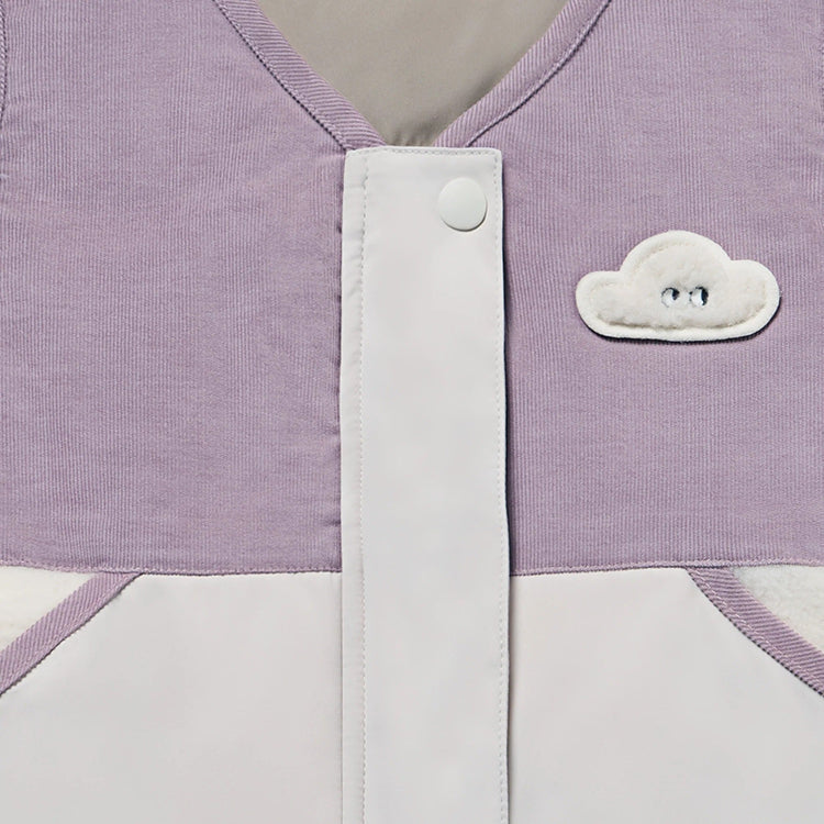 Petite Revery lavender polyester down vest with white placket and cloud patch.