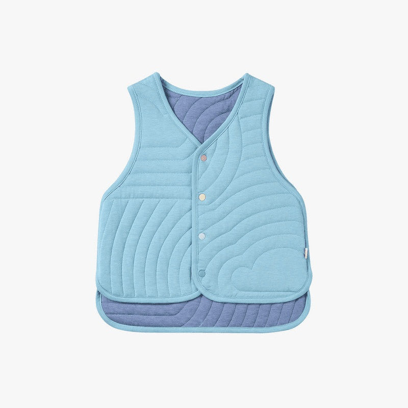 Petite Revery Quilted Cloud Vest Forget-Me-Not blue, sleeveless baby outerwear laid flat to show curved quilting.