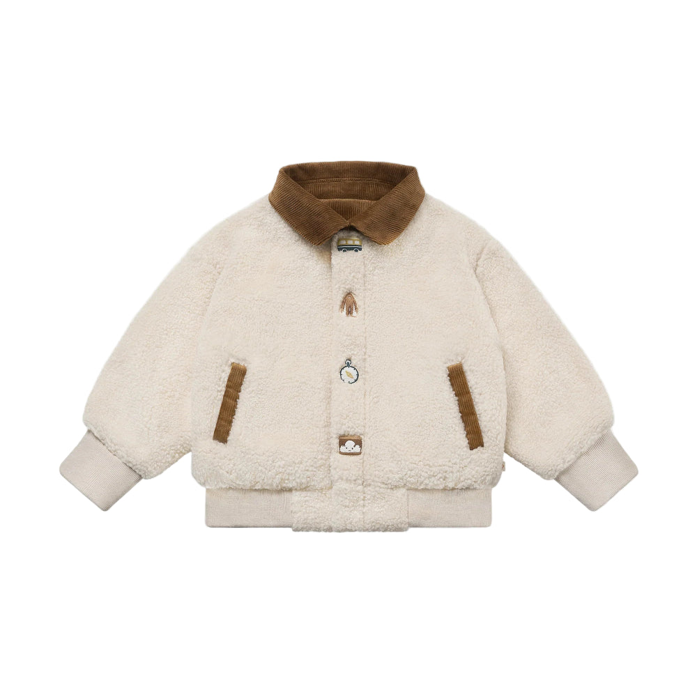 Petite Revery fleece jacket Cloud beige with brown corduroy collar and trim, toddler coat