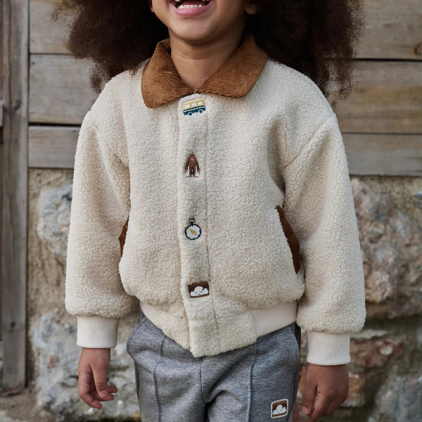 Petite Revery Cloud fleece jacket for toddlers, cream with brown collar and small patches