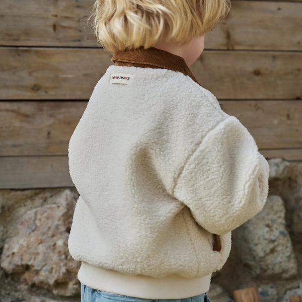 Petite Revery recycled fleece jacket Cloud, toddler coat in white sherpa with brown ribbed collar