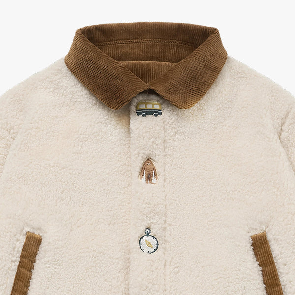 Petite Revery fleece jacket, cloud white with brown corduroy collar and trim; toddler outerwear