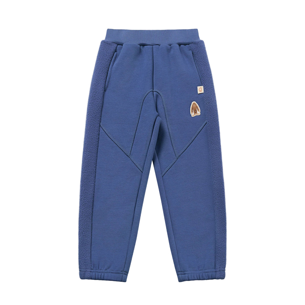 Petite Revery recycled fleece kids pants in deep sea blue with patch detail