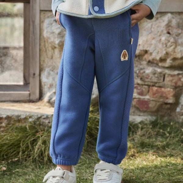 Petite Revery recycled fleece kids pants in deep sea blue with logo patch