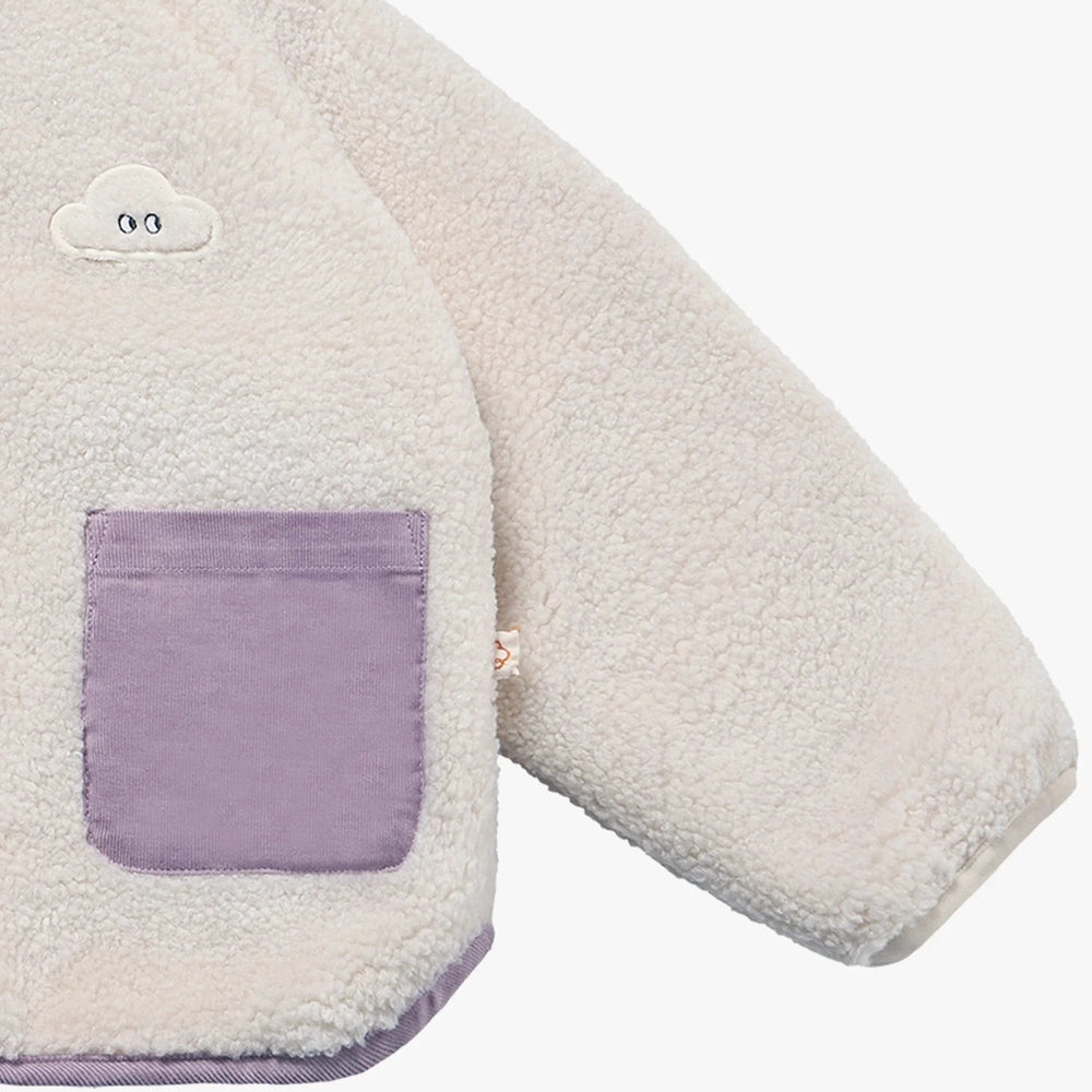 Petite Revery fleece jacket in cloud color with lavender pocket, recycled fabric.