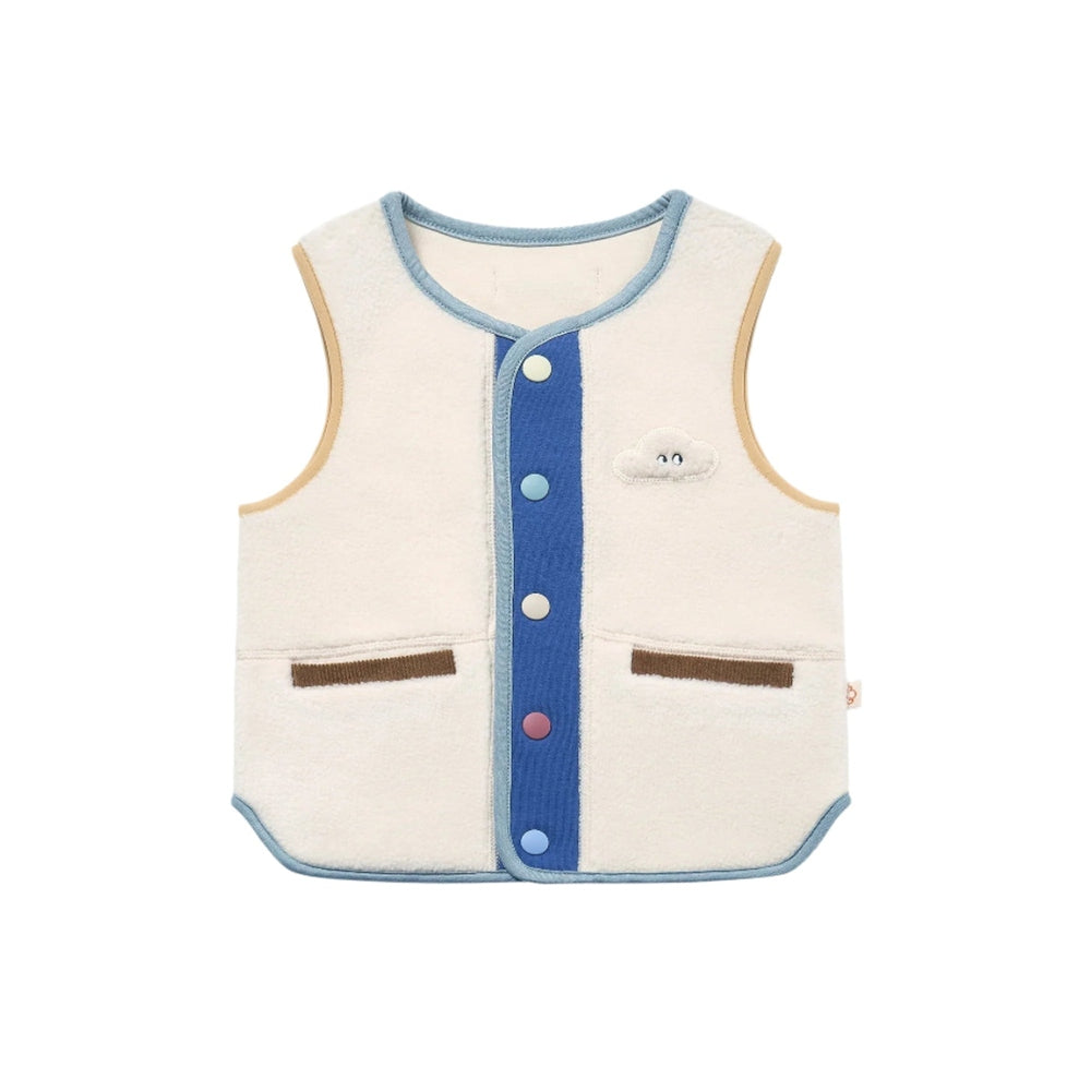 Petite Revery fleece vest Cloud for babies, cream body with blue trim, blue snap-front placket and cloud patch