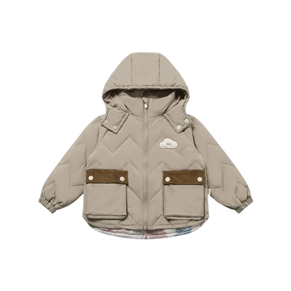 Petite Revery recycled Taslon down jacket with hood, beige, brown pocket flaps and cloud badge