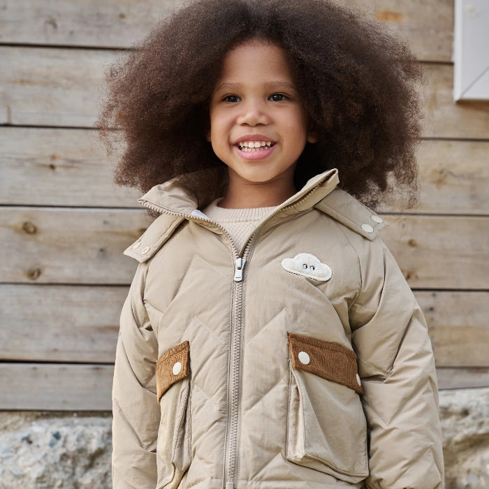 PETITE REVERY puffer jacket for kids in pine wood beige, recycled nylon Taslon with quilted panels