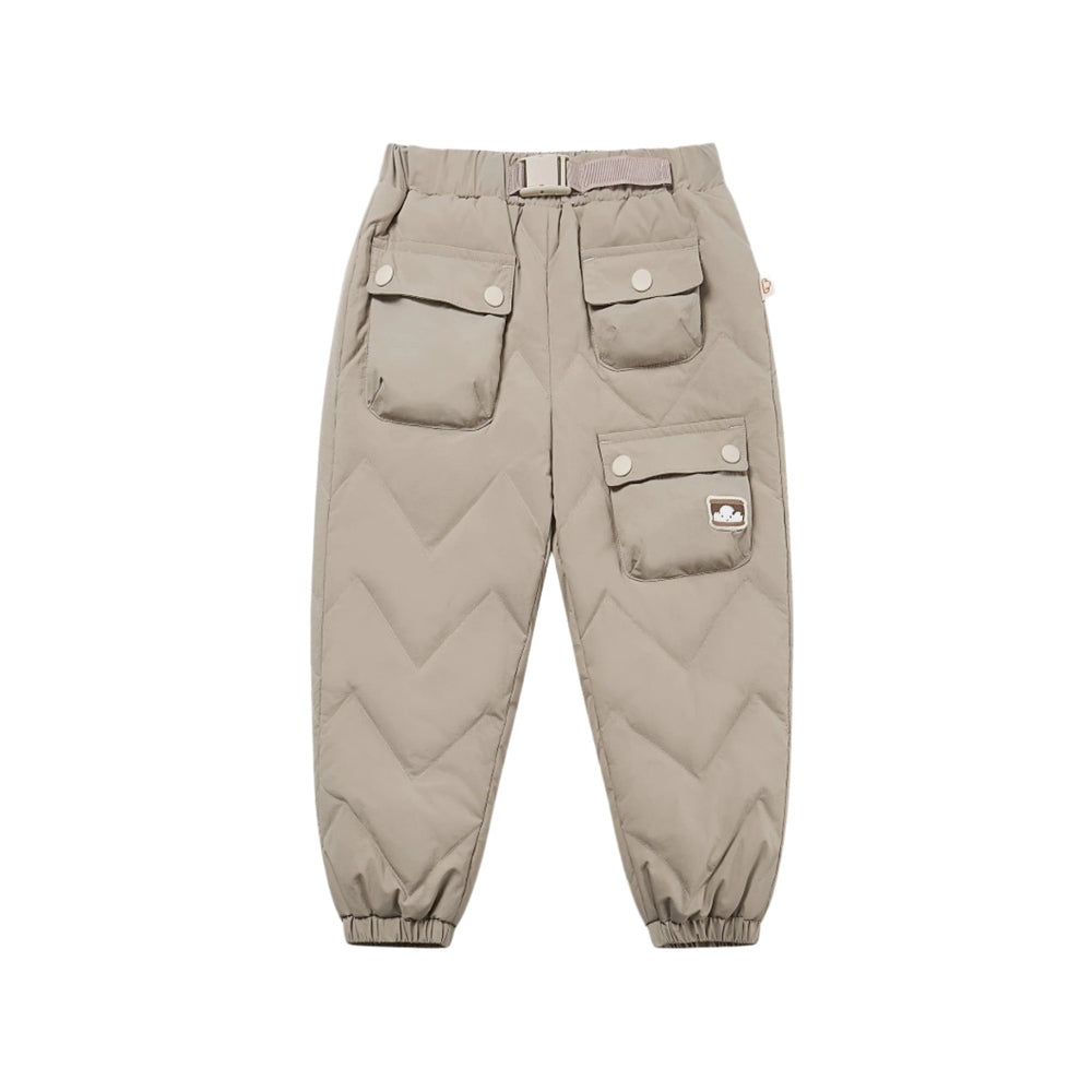 Petite Revery Recycled Nylon Taslon Pants Pine Wood, beige chevron-quilted with belt at waist and multiple pockets.