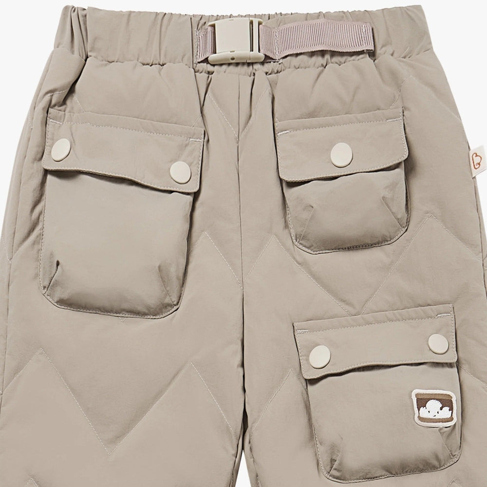 Petite Revery toddler pants in pine wood beige Taslon with front and cargo pockets and adjustable belt
