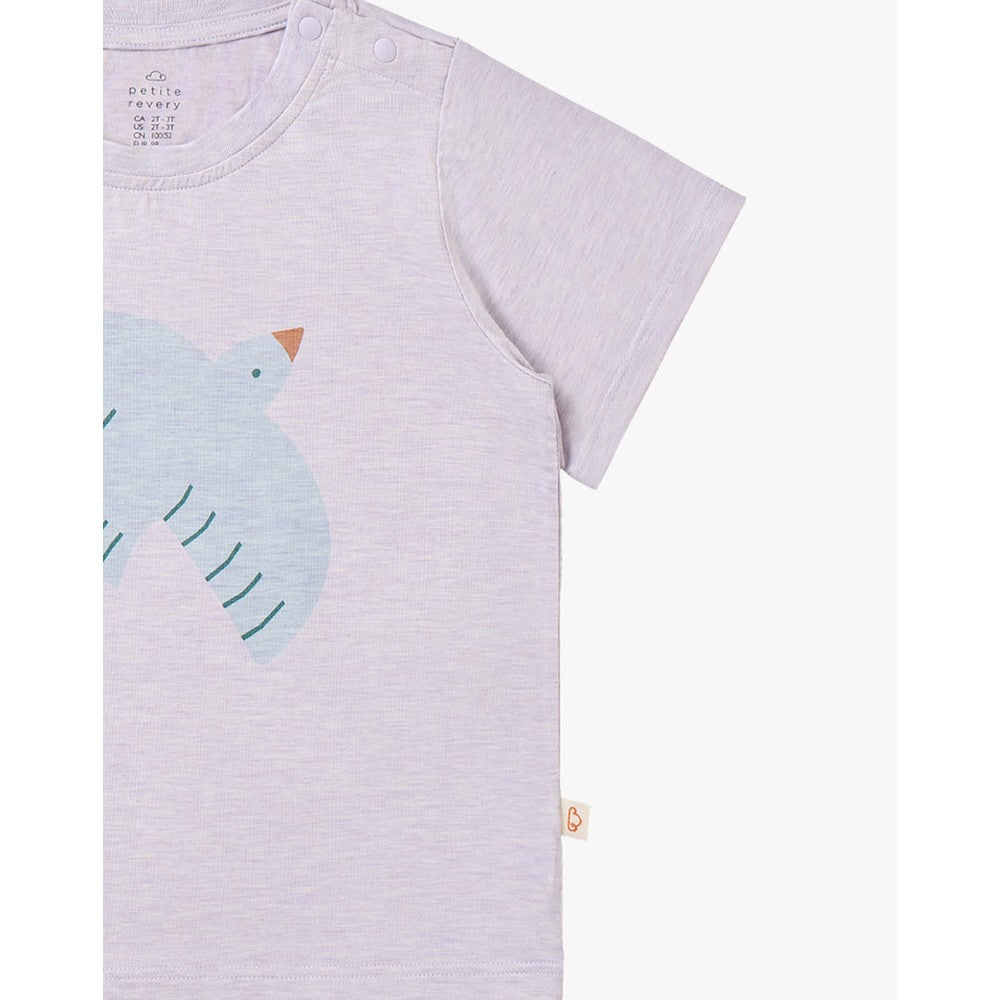 Petite Revery Short Sleeve Tee Lavender Blue with pastel bird graphic; shoulder snaps aid easy dressing.