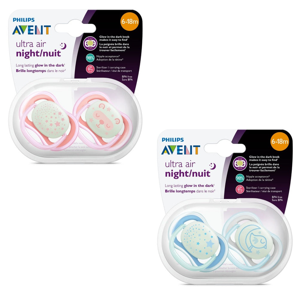 Philips Avent Ultra Air Nighttime pacifiers, 6–18m, 2-pack with pink star and blue moon designs
