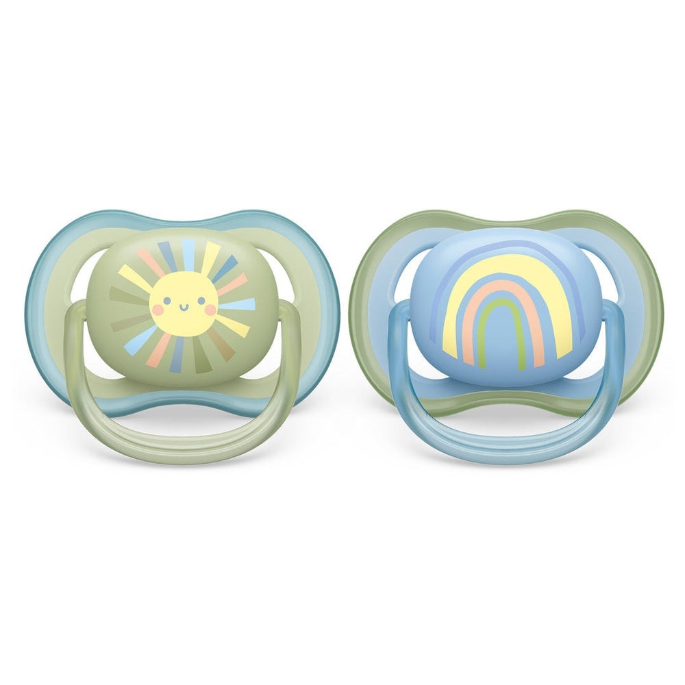 Philips Avent Ultra Air pacifier 2-pack for 0–6m with smiling sun and blue rainbow designs