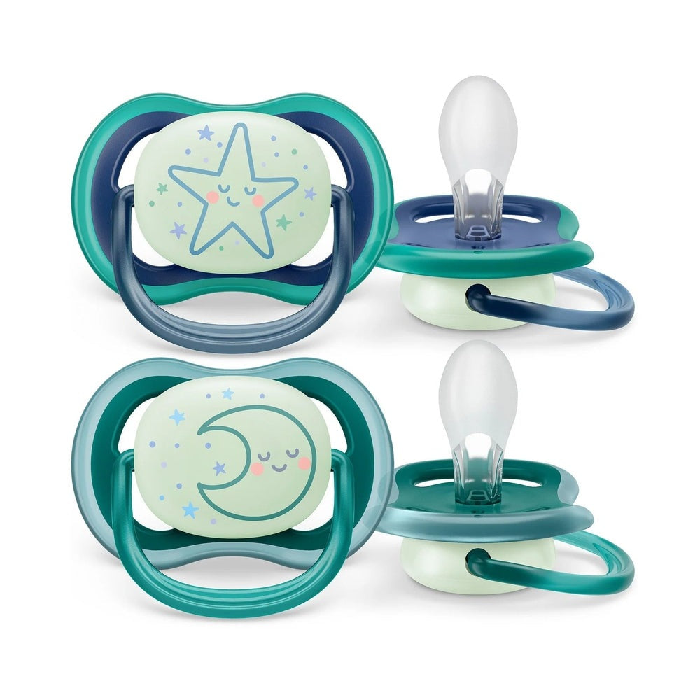 Philips Avent Ultra Air pacifiers 2-pack for 6–18 months, teal/blue with star and moon designs