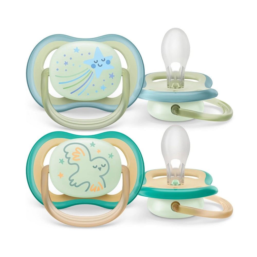 Philips Avent Ultra Air pacifier 0–6M, 2-pack with nighttime star and owl designs