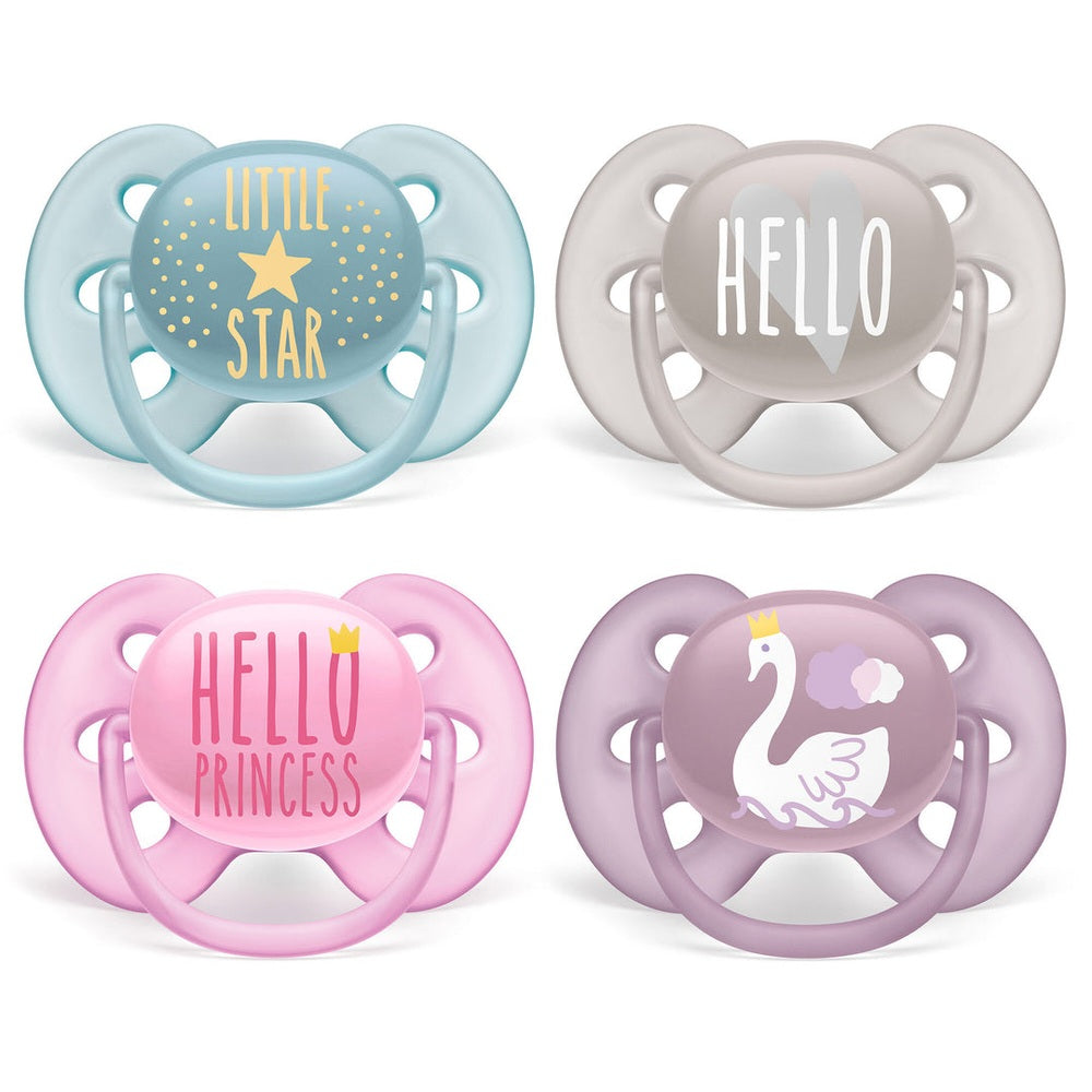 Philips Avent Ultra Soft pacifier 6-18M, 4 pastel designs: blue star, hello, hello princess, lavender swan