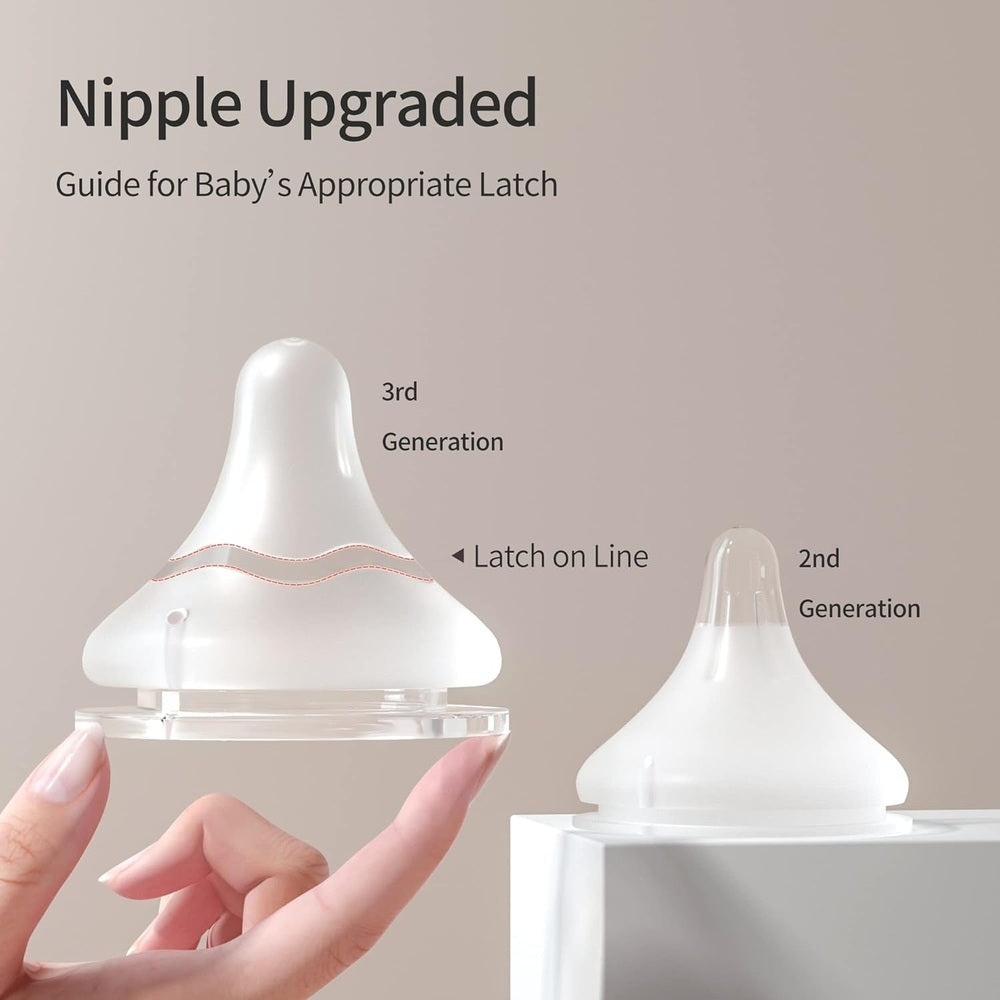 Pigeon Baby Bottle Nipple 1 Pack; two nipples (3rd-gen and 2nd-gen) shown with latch-on-line guidance by fingers.