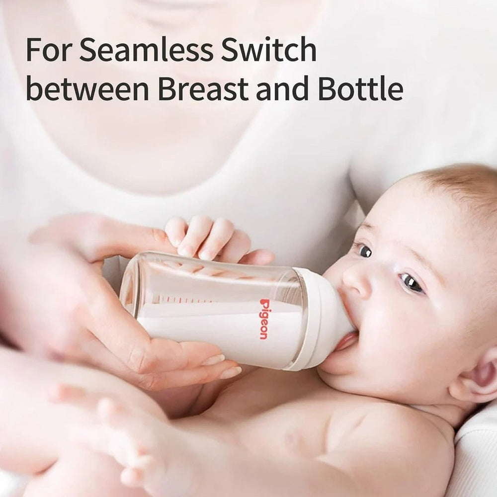 Pigeon Baby Bottle Nipple 3 Pack, shown feeding infant with bottle for seamless breast-to-bottle switch.