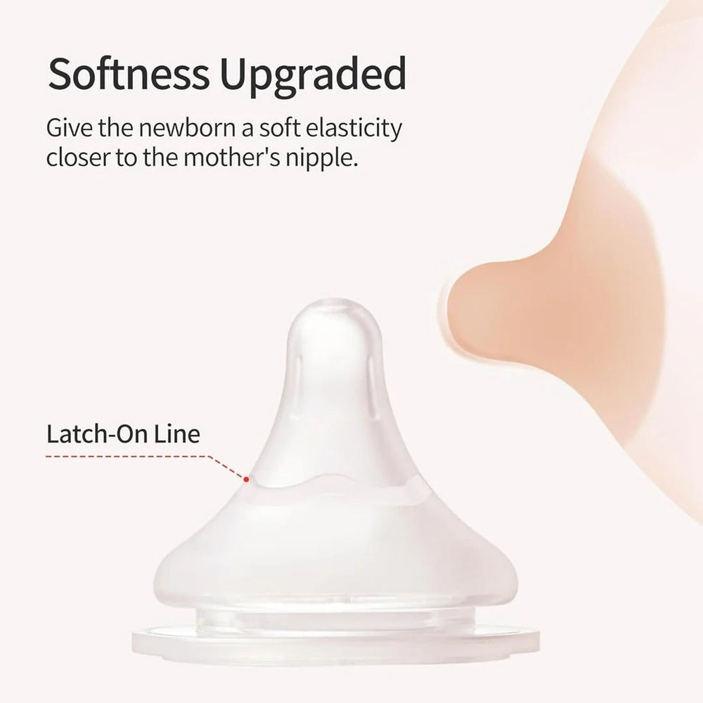 Pigeon Baby Bottle Nipples 3 Pack, clear silicone showing latch-on line for soft elasticity.