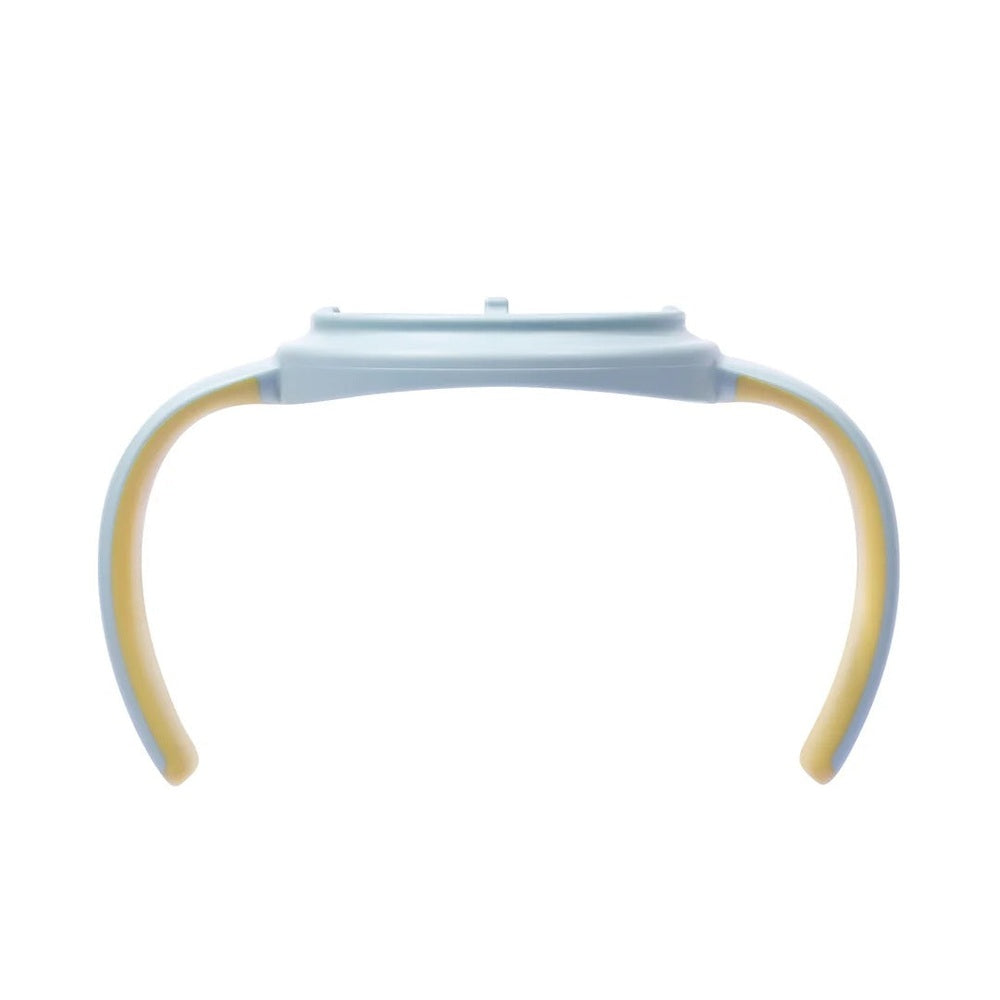 Pigeon Bottle Handle in blue with yellow grips, showing easy-grip curved handles for tiny hands.